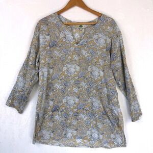 Dolma Floral Tunic Top XL Tan Blue 3/4 Sleeve V-Neck Boho Botanical Print